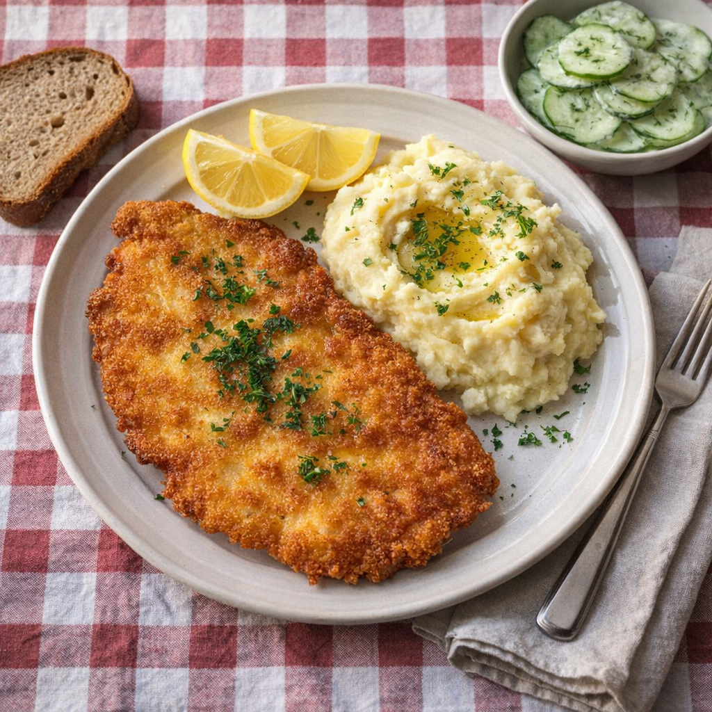 Schnitzel supper with mashed potatoes and cucumber salad