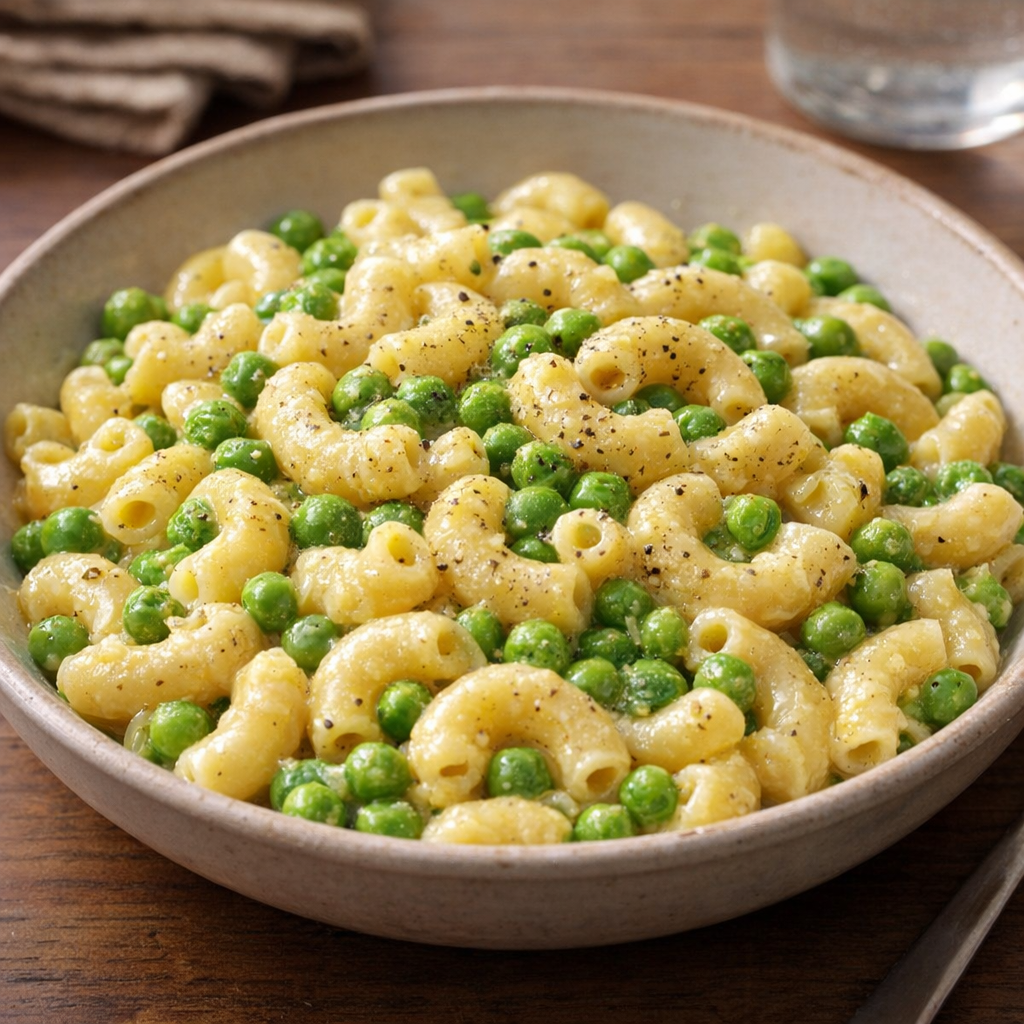 Bowl of buttery pea macaroni ready to serve
