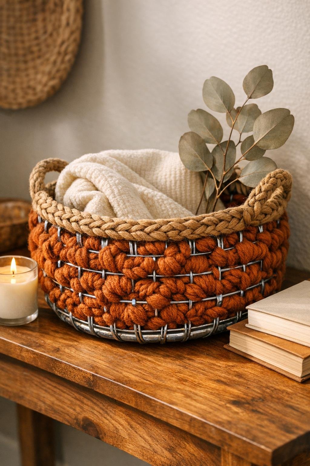 Finished crochet basket made from a vintage fan guard