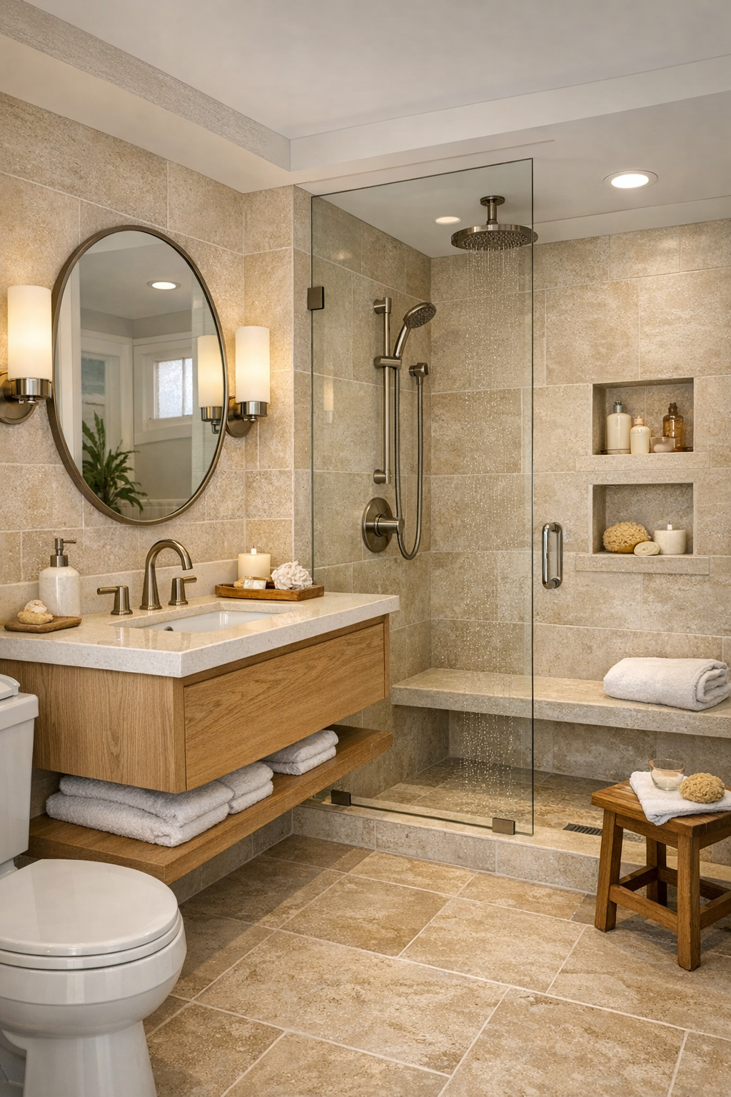 Elegant accessible bathroom with limestone-look tile, floating oak vanity, and curbless shower