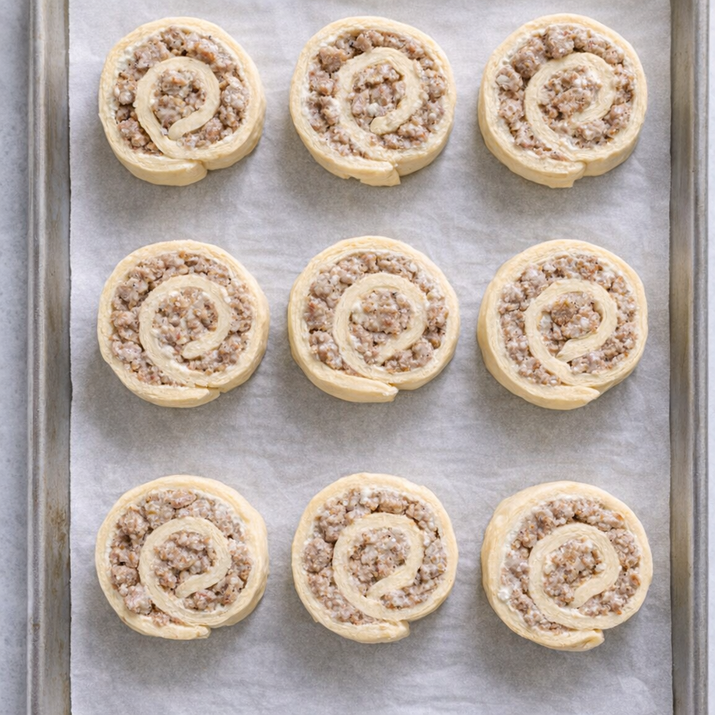Unbaked sausage pinwheels arranged on a sheet pan