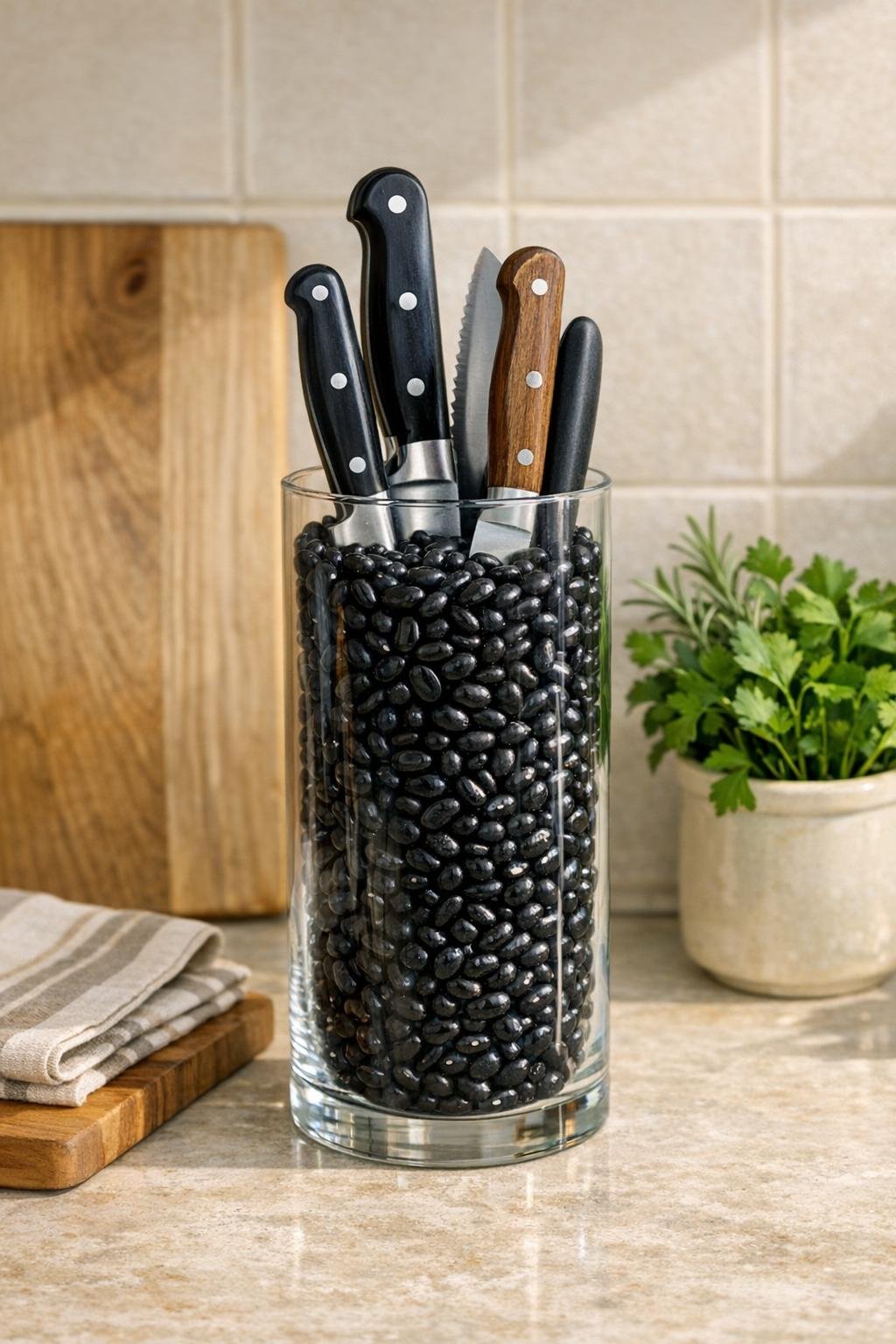 Finished DIY knife block made from a glass vase filled with black beans