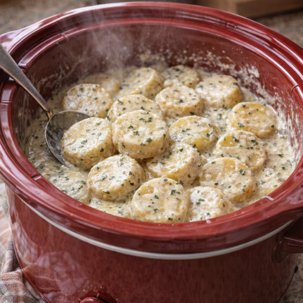 Red slow cooker filled with creamy sliced potatoes on a kitchen counter