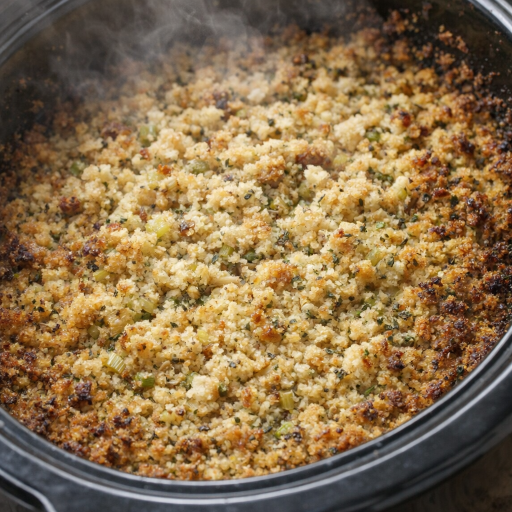 Finished stuffing with golden edges in slow cooker
