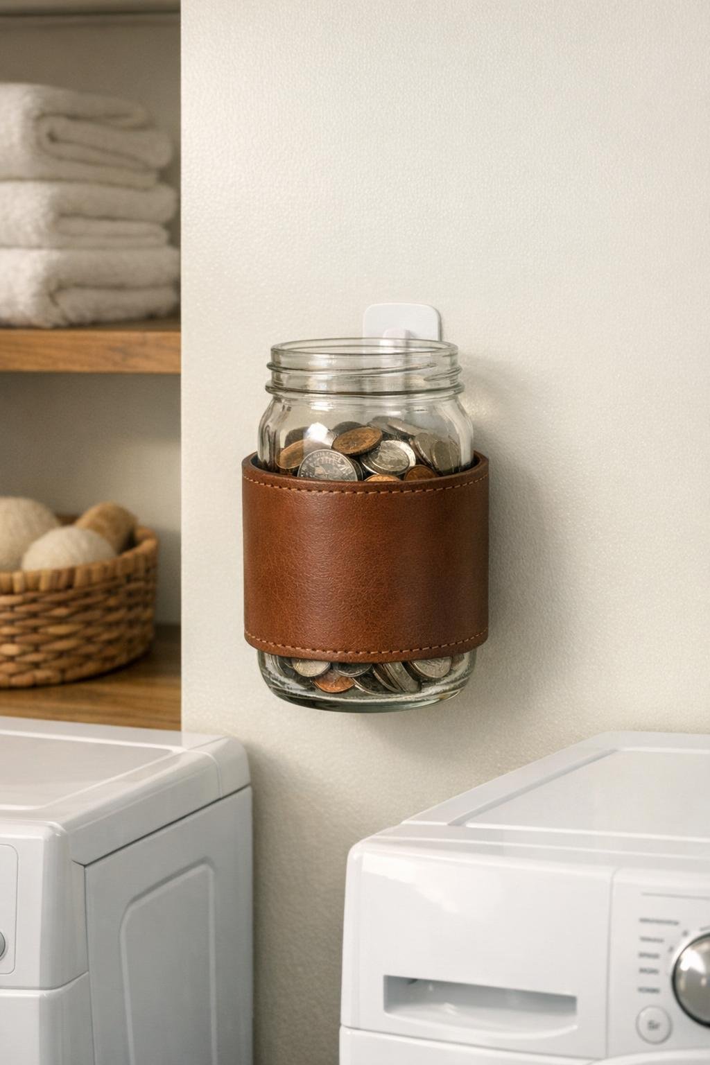 Finished wall-mounted laundry room change jar made from a glass pickle jar in a leather koozie