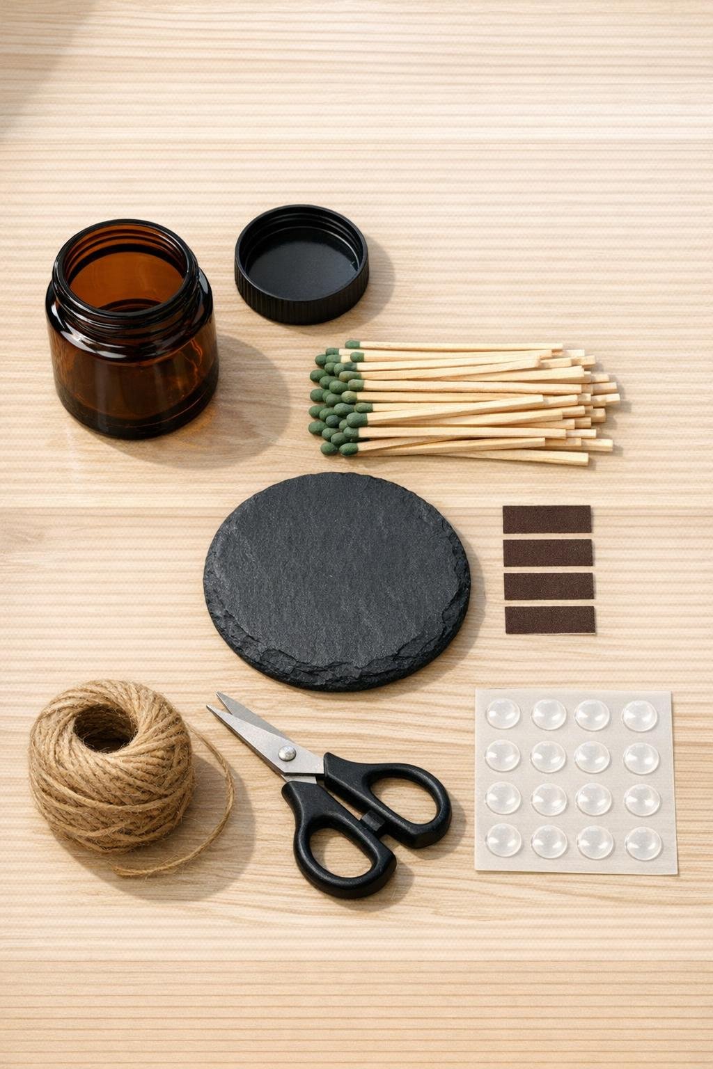Materials for a small amber glass jar match holder laid out neatly