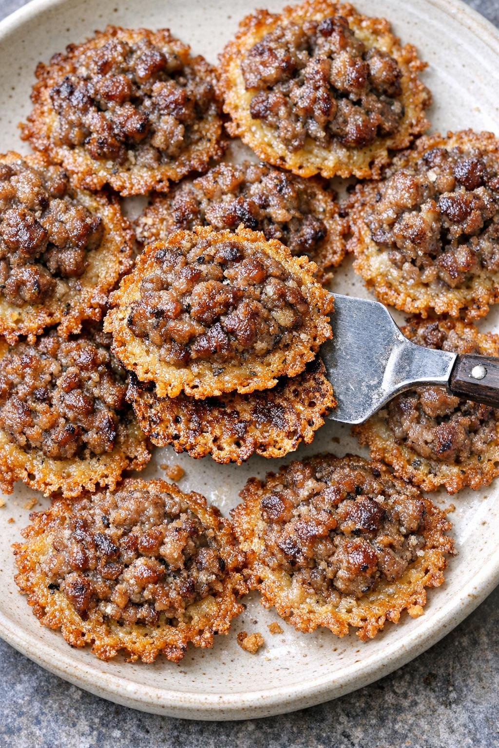 Low carb sausage Endicott crisps on a ceramic platter