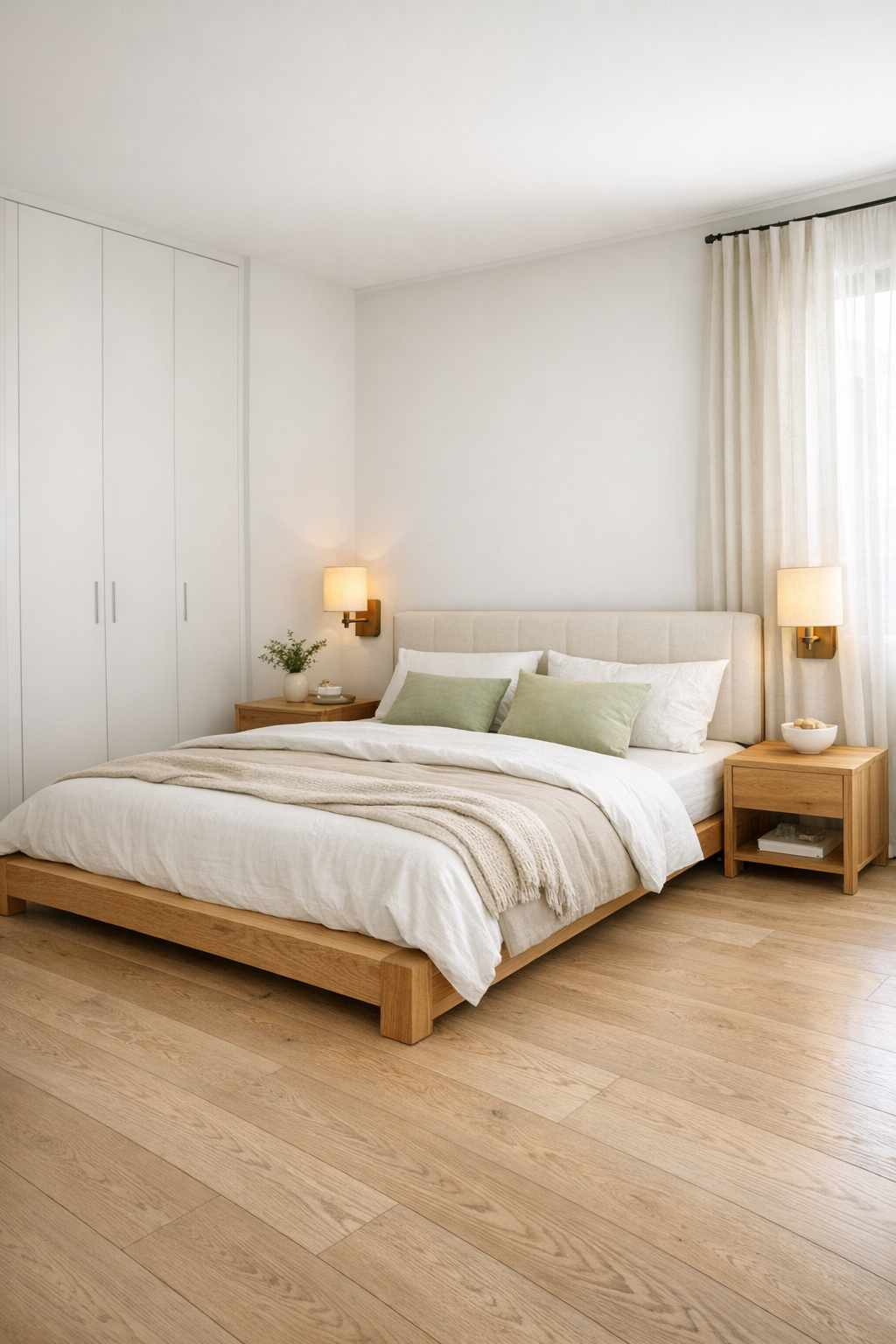 Calm bedroom with oak bed, ivory upholstery, and soft layered neutral bedding