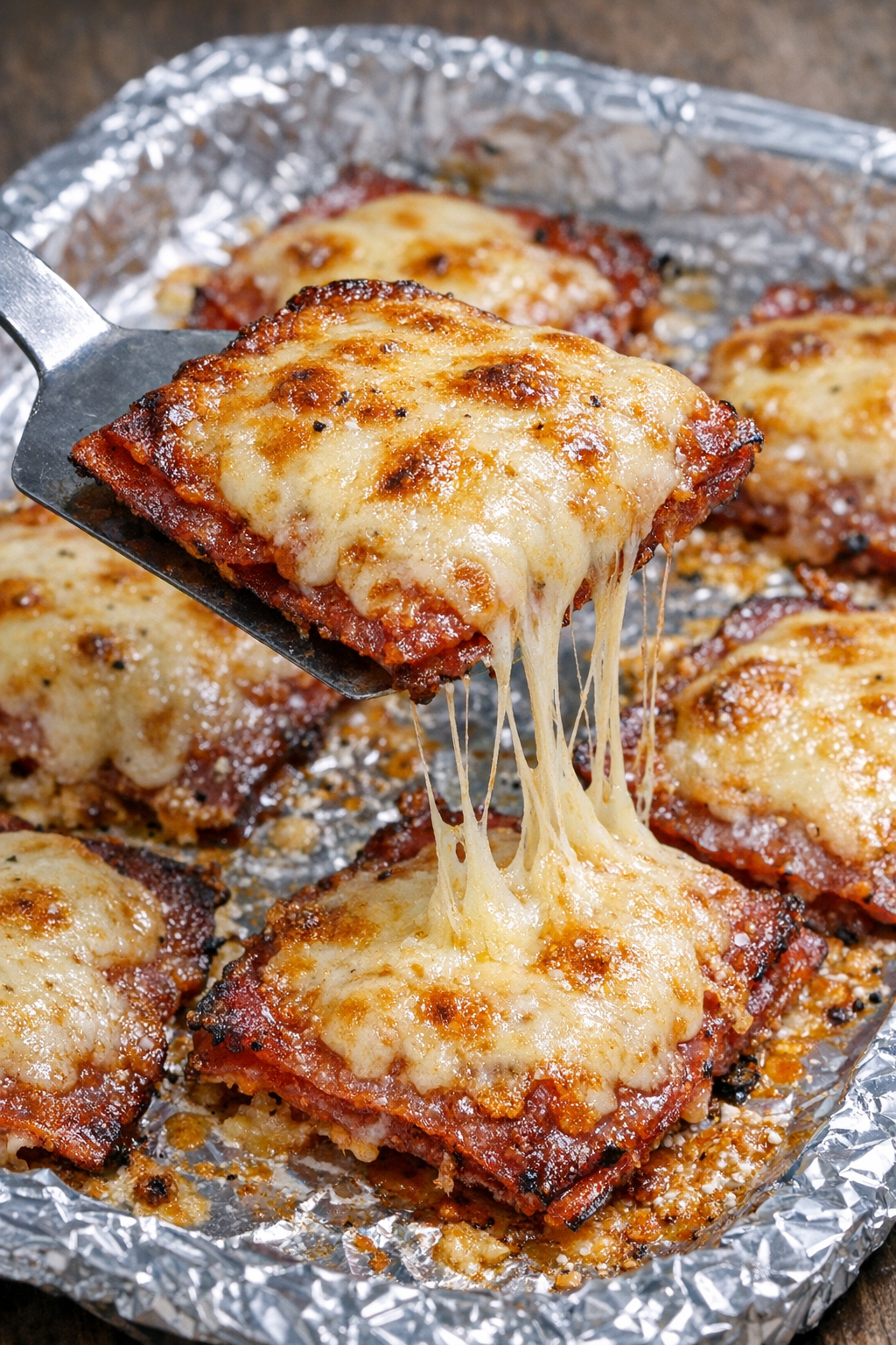 Low carb salami Beaumont bakes with melted provolone pull