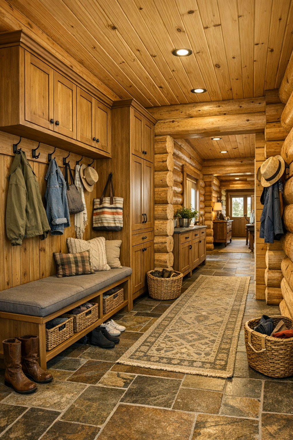 Functional mudroom and hallway with built-in bench and handcrafted wood details
