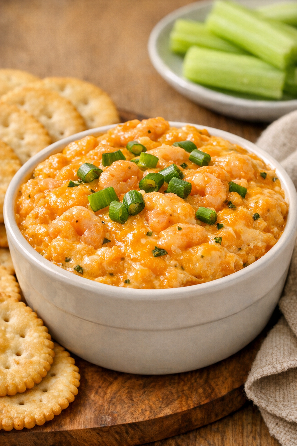 Shrimp dip variation topped with cheddar and green onions