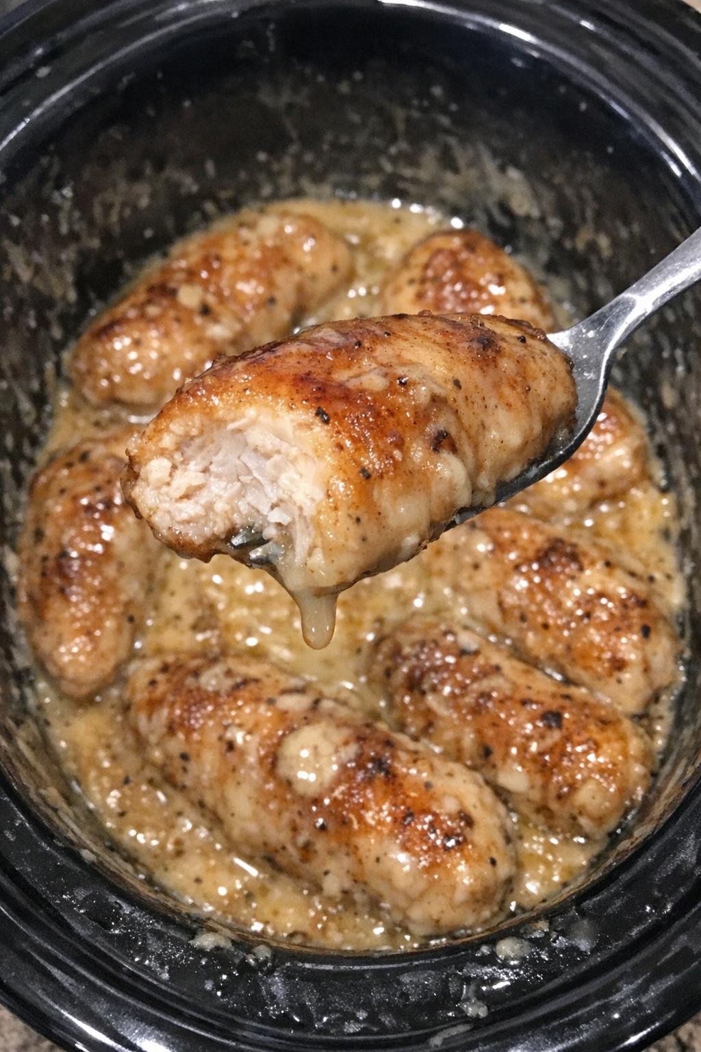 Glossy browned chicken tenders in a black slow cooker insert