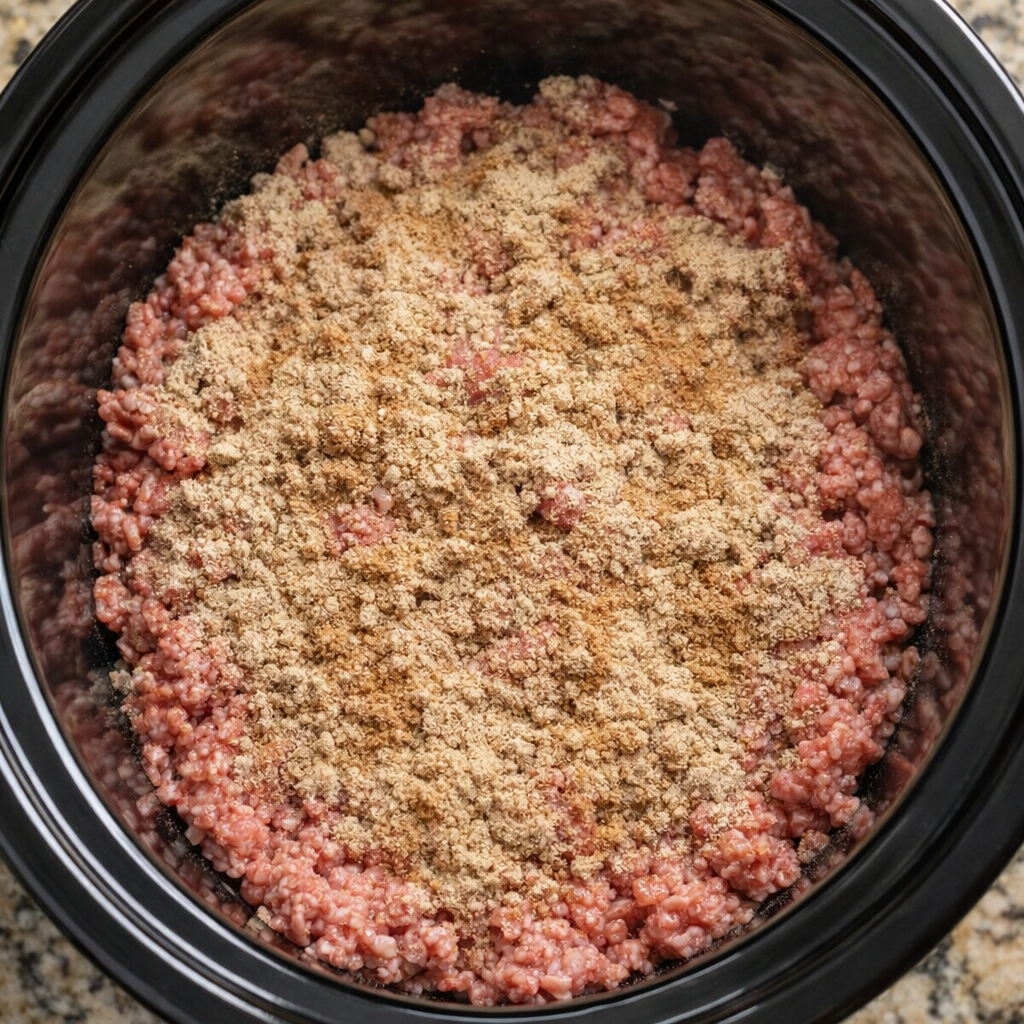 Brown gravy mix sprinkled over raw ground beef in a slow cooker