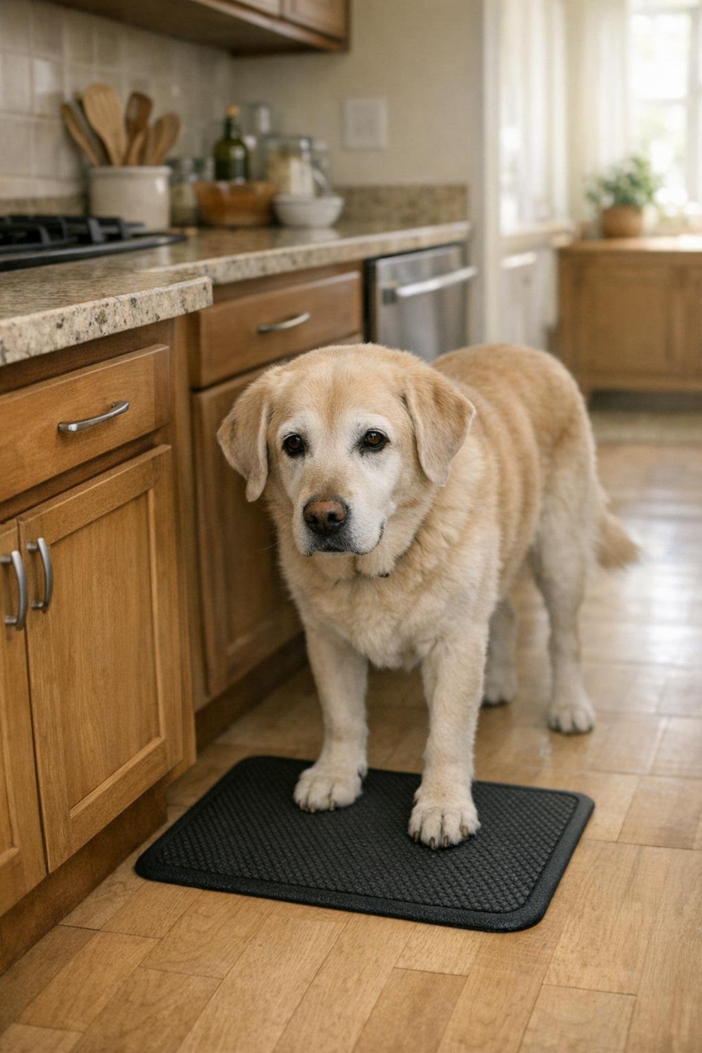 Senior dog staying close in the kitchen