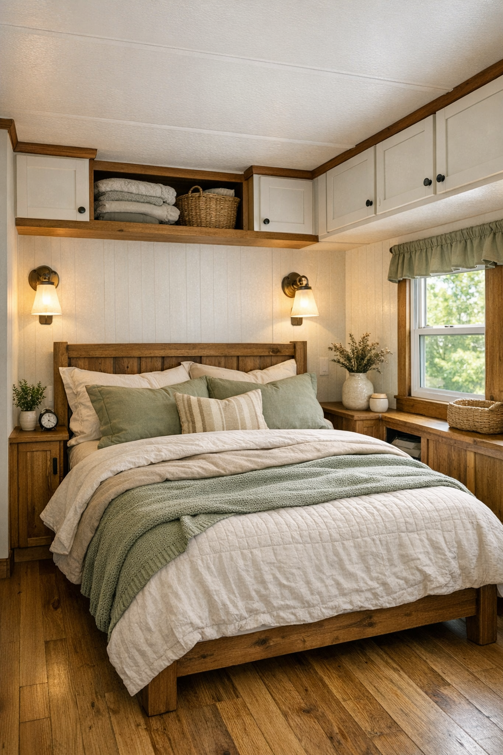 Peaceful small bedroom with layered bedding, soft sage accents, warm wood furniture, and cozy lighting