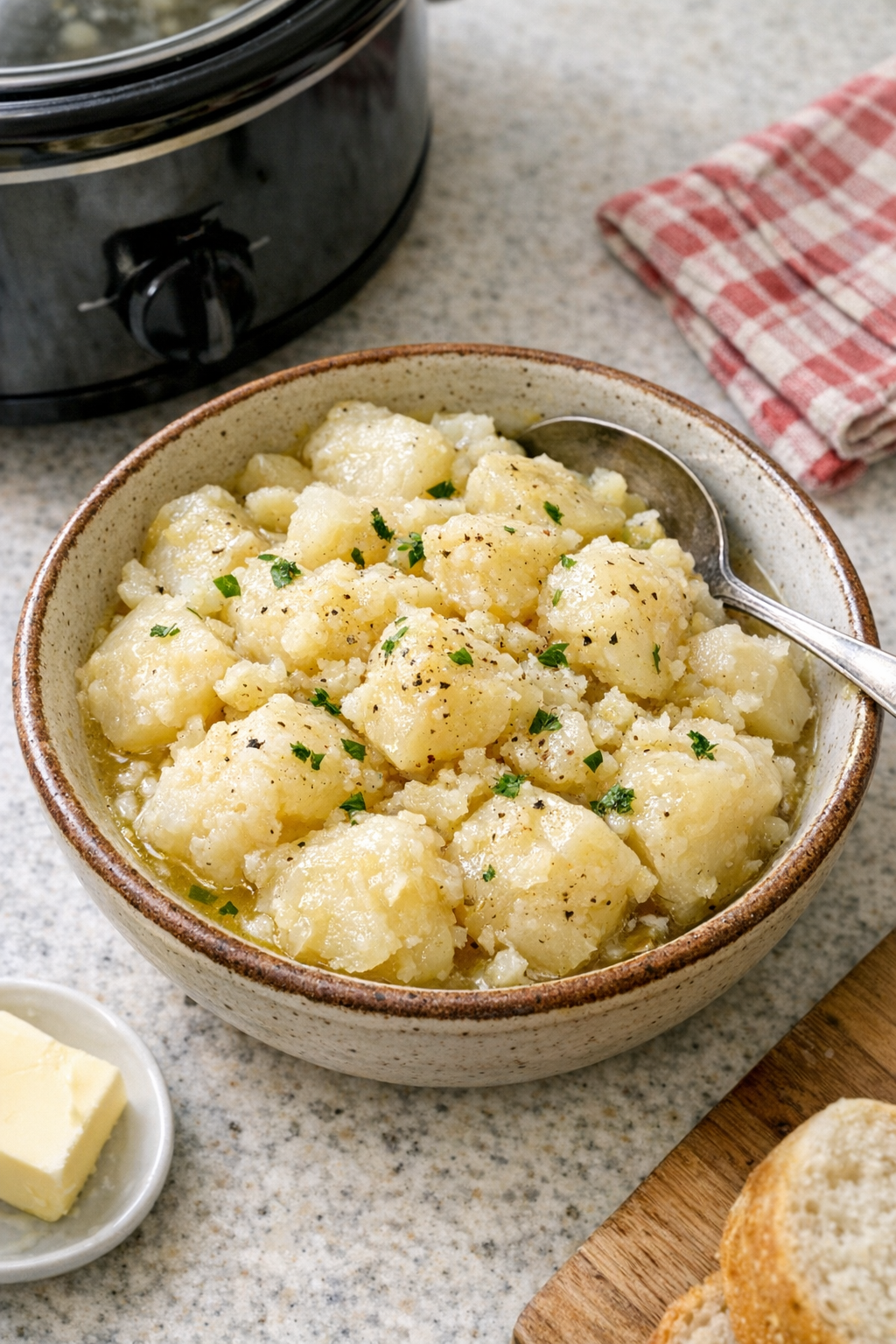 Finished slow cooker Amish-style potatoes in a serving bowl