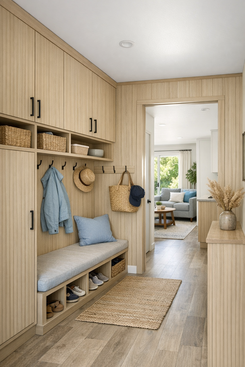 Well-planned entry and hallway area with built-in storage, bench seating, and light wood finishes