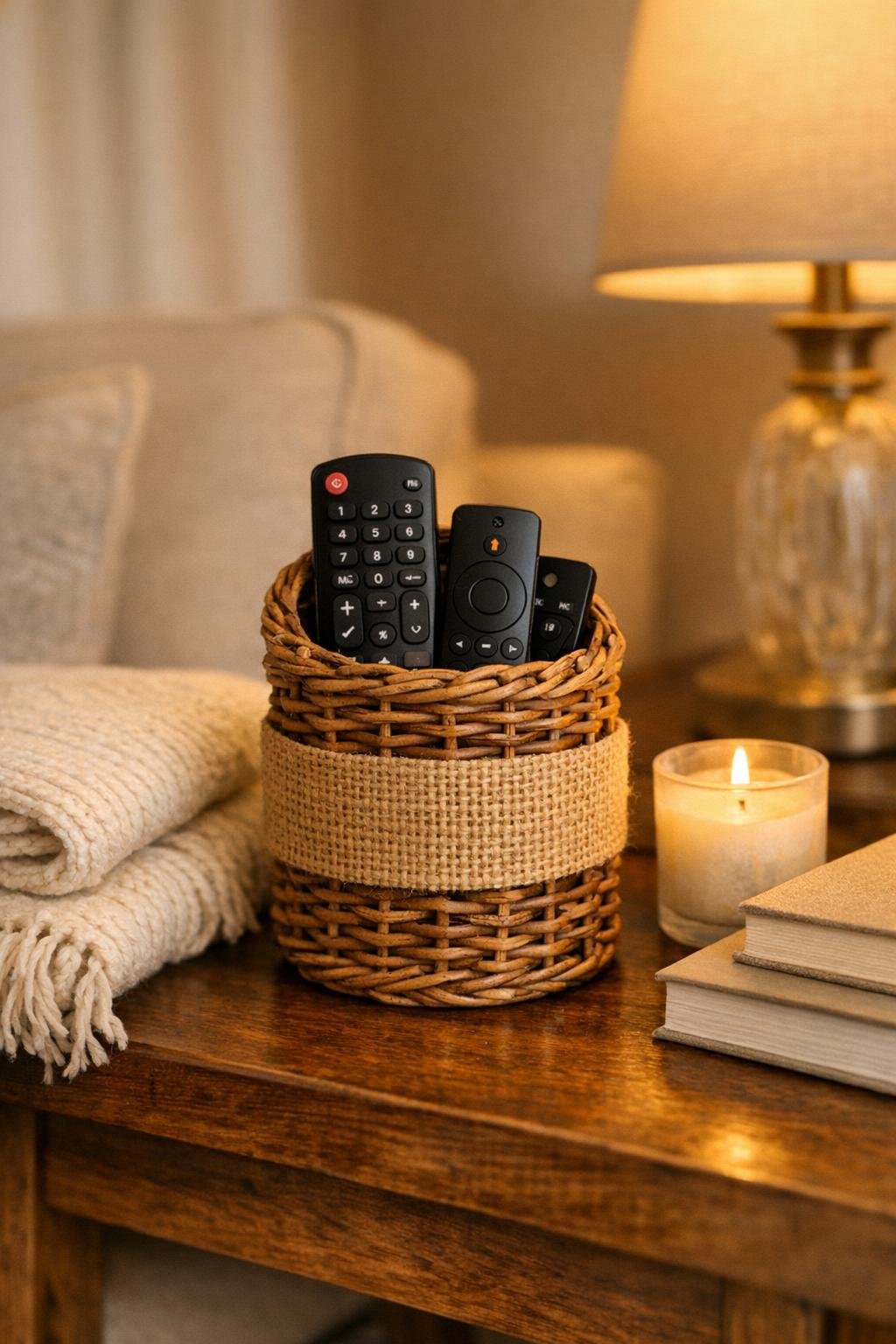Finished wicker remote caddy wrapped with burlap ribbon in a living room