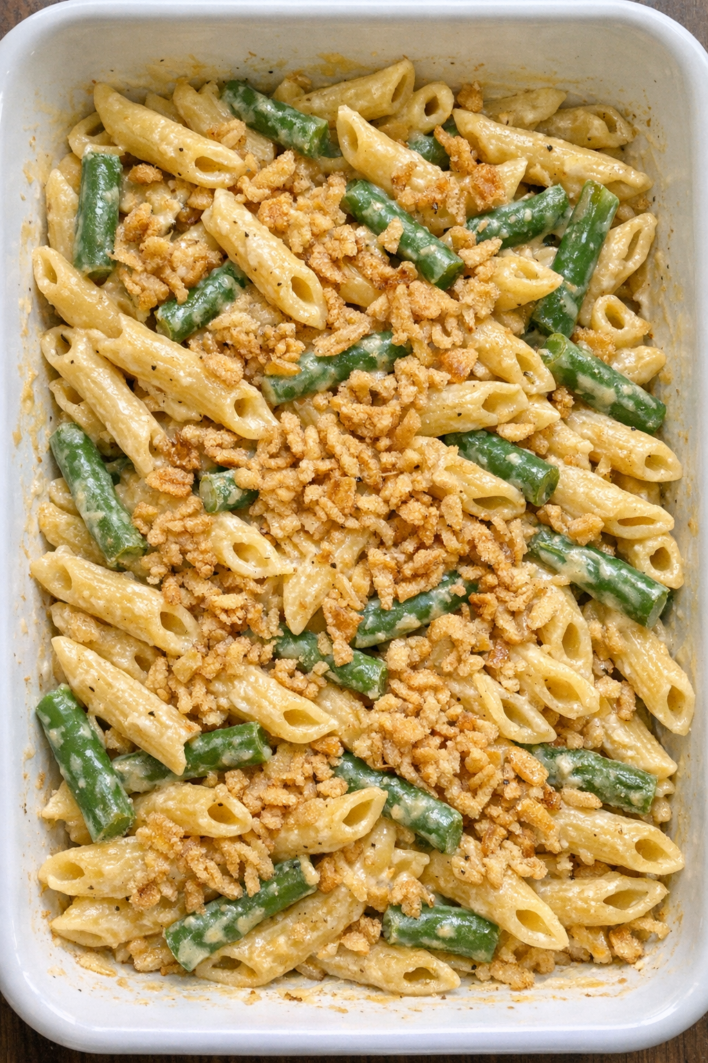 Creamy green bean casserole pasta in a casserole dish