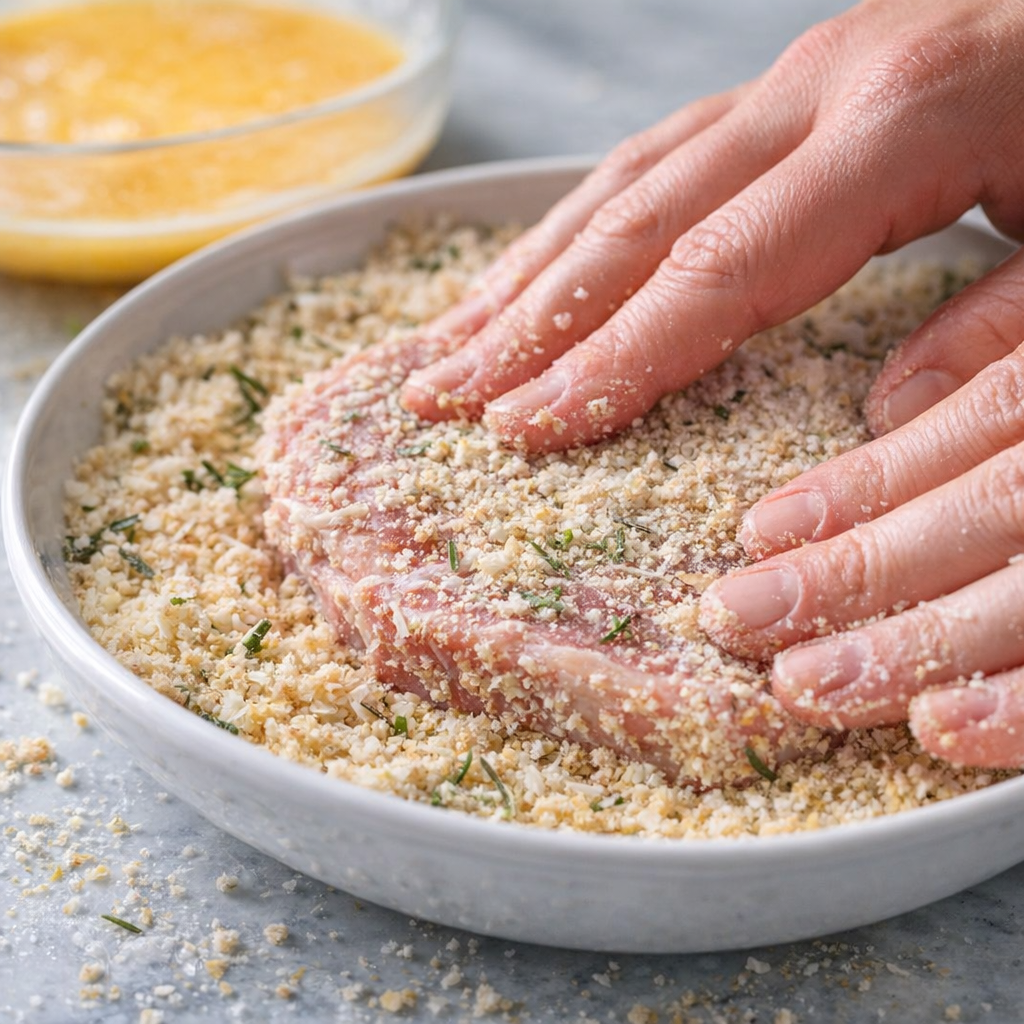 Pork chop being coated in Parmesan breadcrumb mixture