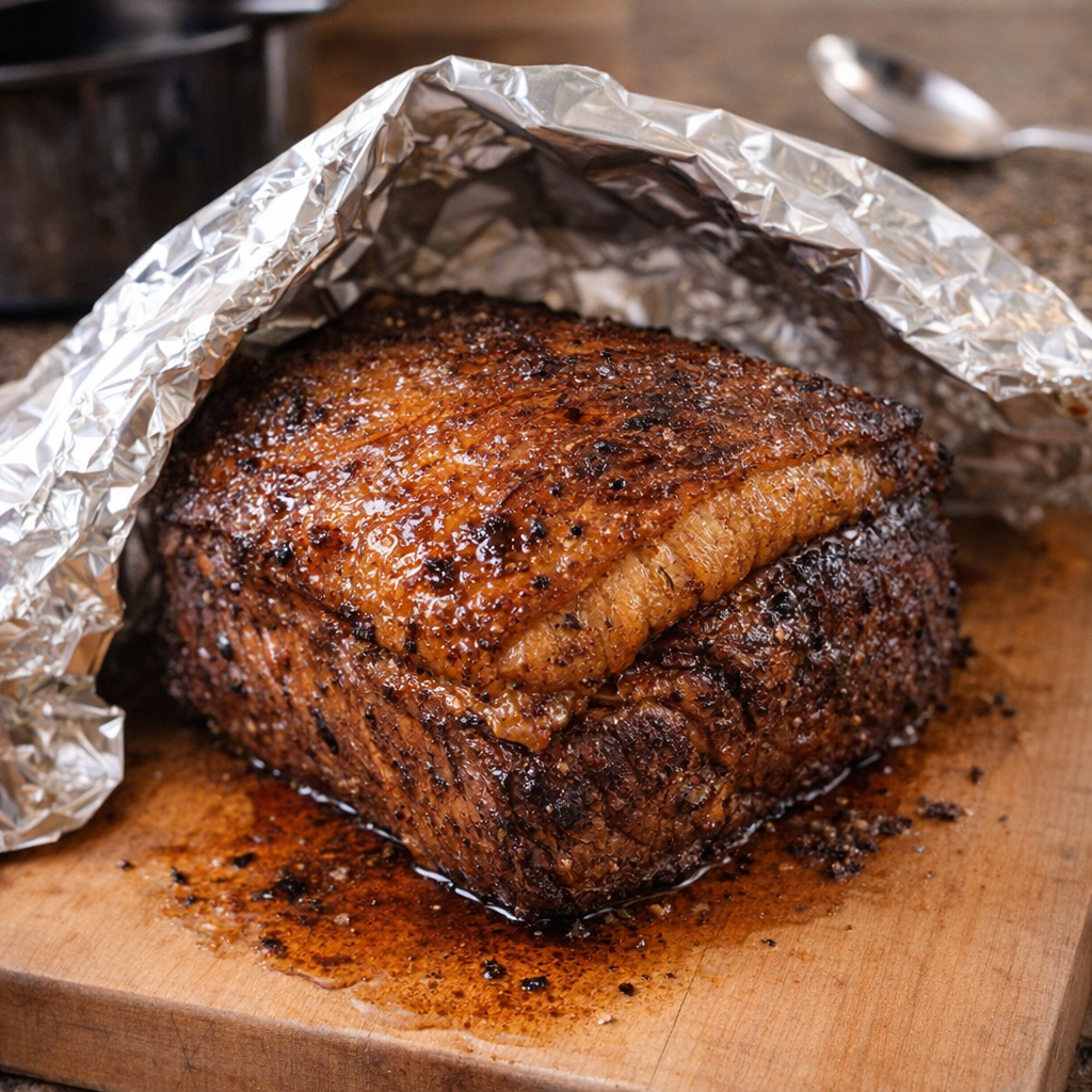 Cooked picanha resting on a cutting board under foil