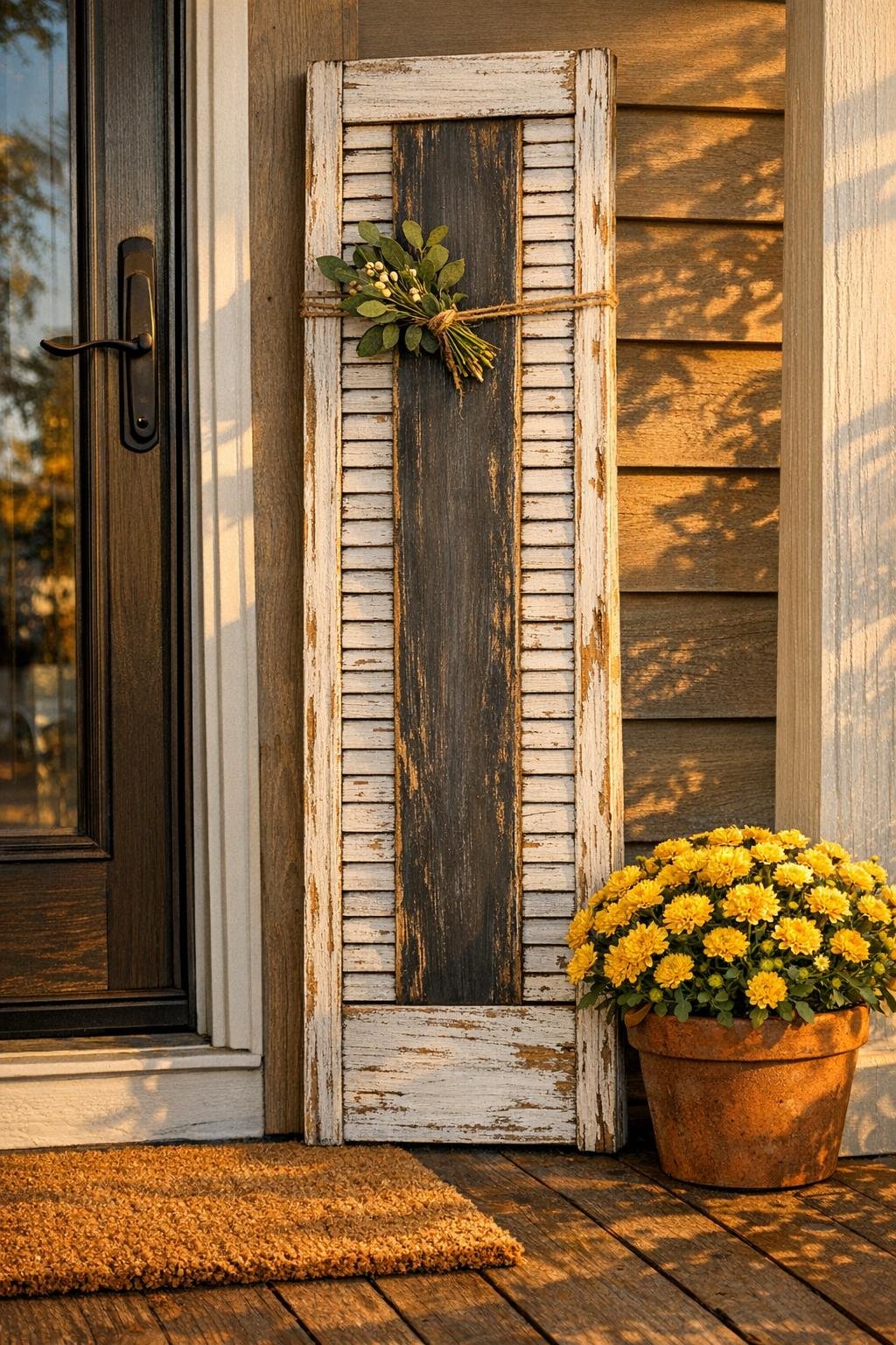 Finished rustic shutter porch sign made from old closet door slats