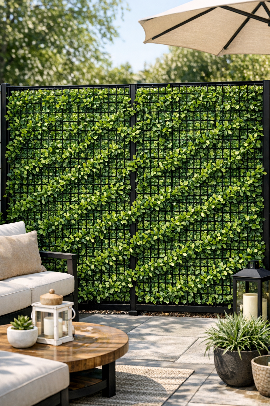 Finished patio privacy screen made from woven boxwood mats and metal grid panels