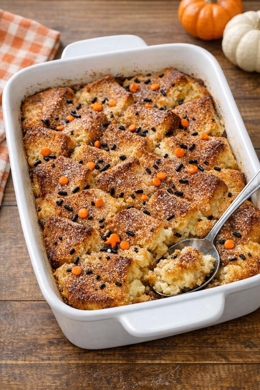 Finished baked bread pudding-style Halloween dessert