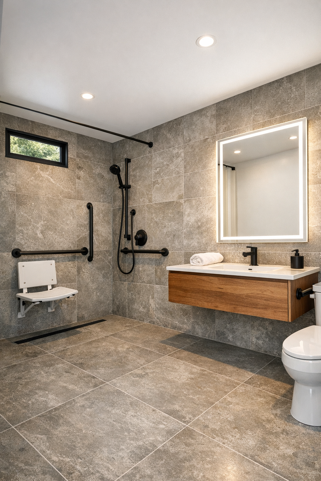 Accessible bathroom with a curbless shower, warm wood vanity, and soft stone-toned tile