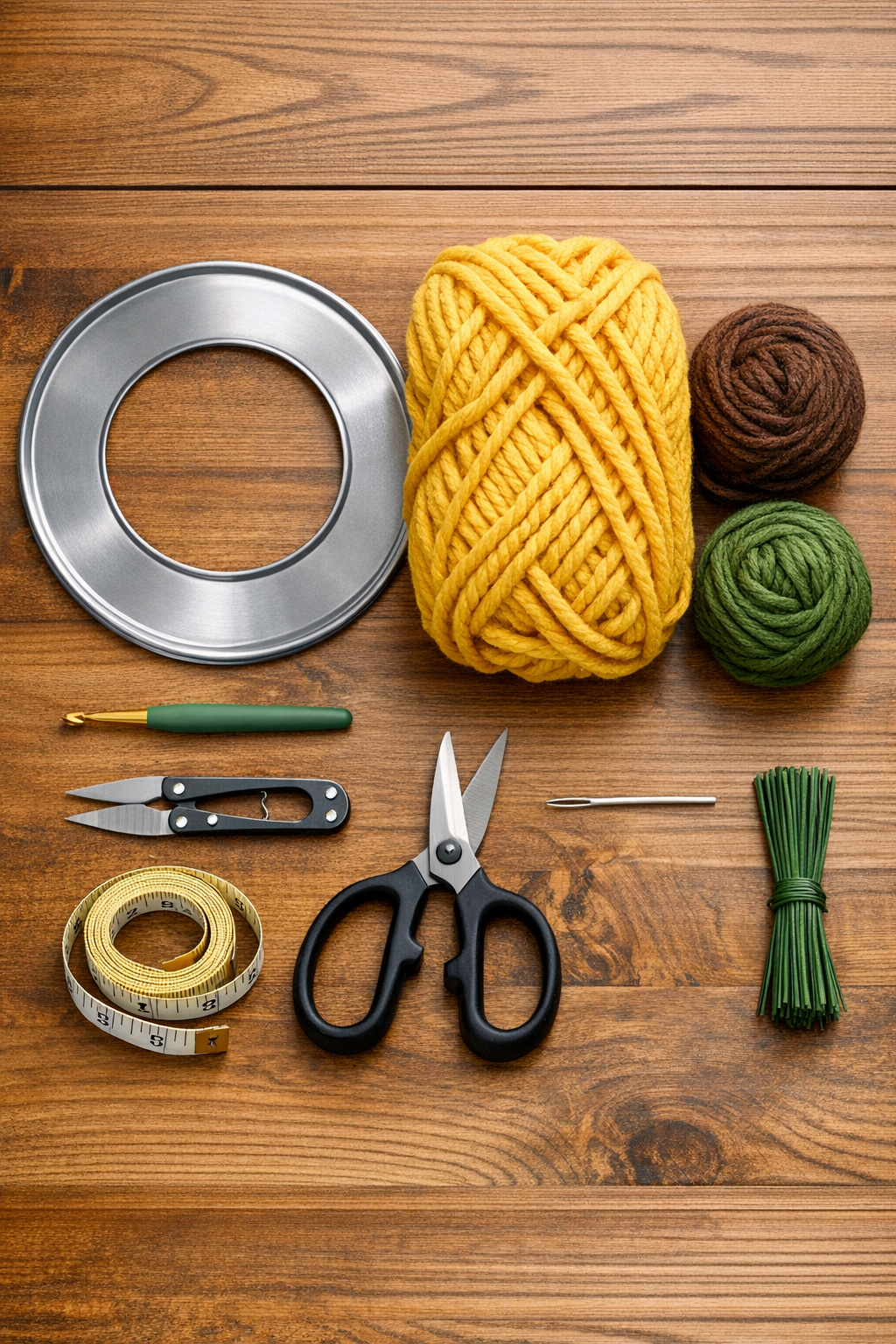 Materials laid out for a crochet sunflower wreath