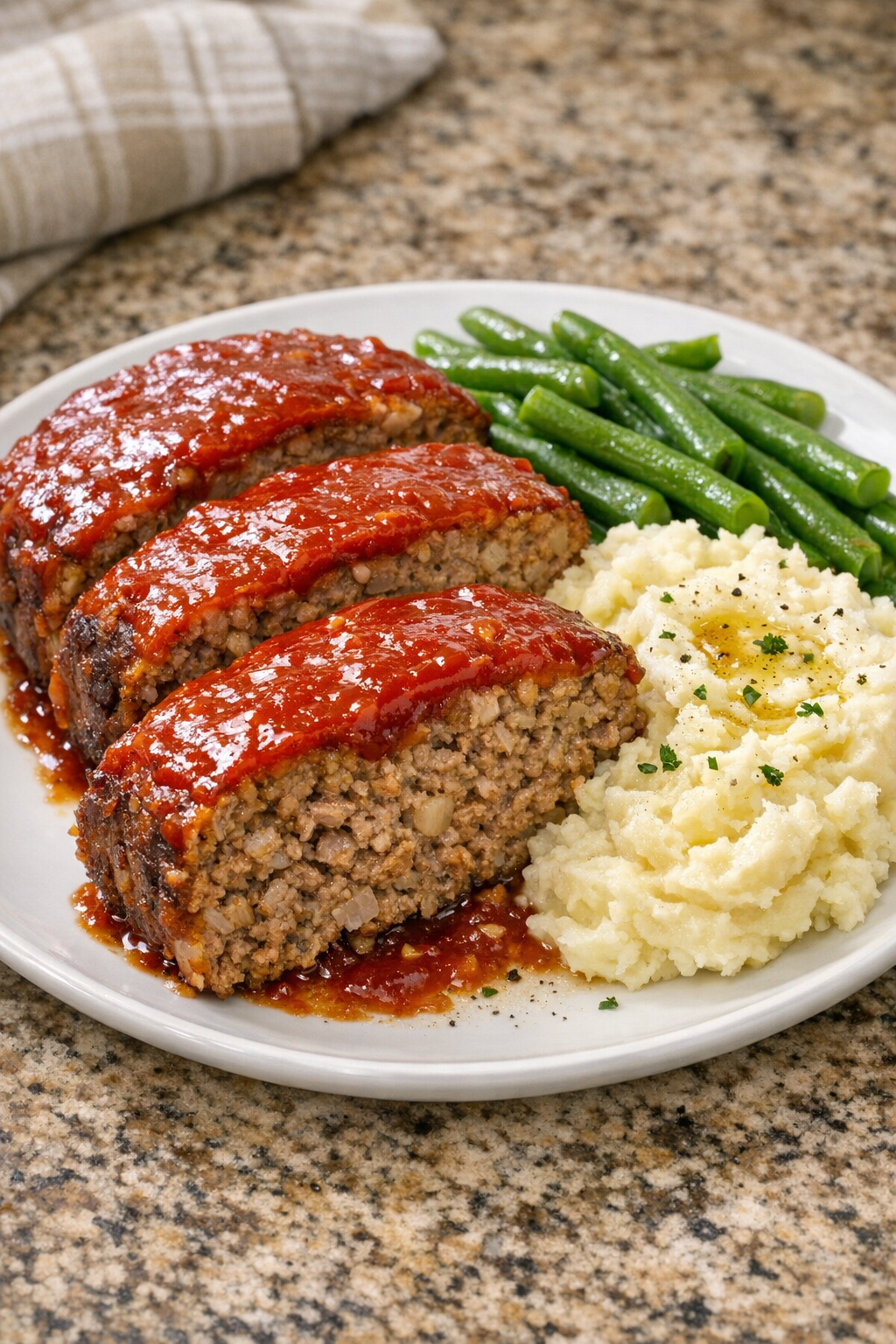 Finished Amish-style ketchup meatloaf sliced and plated