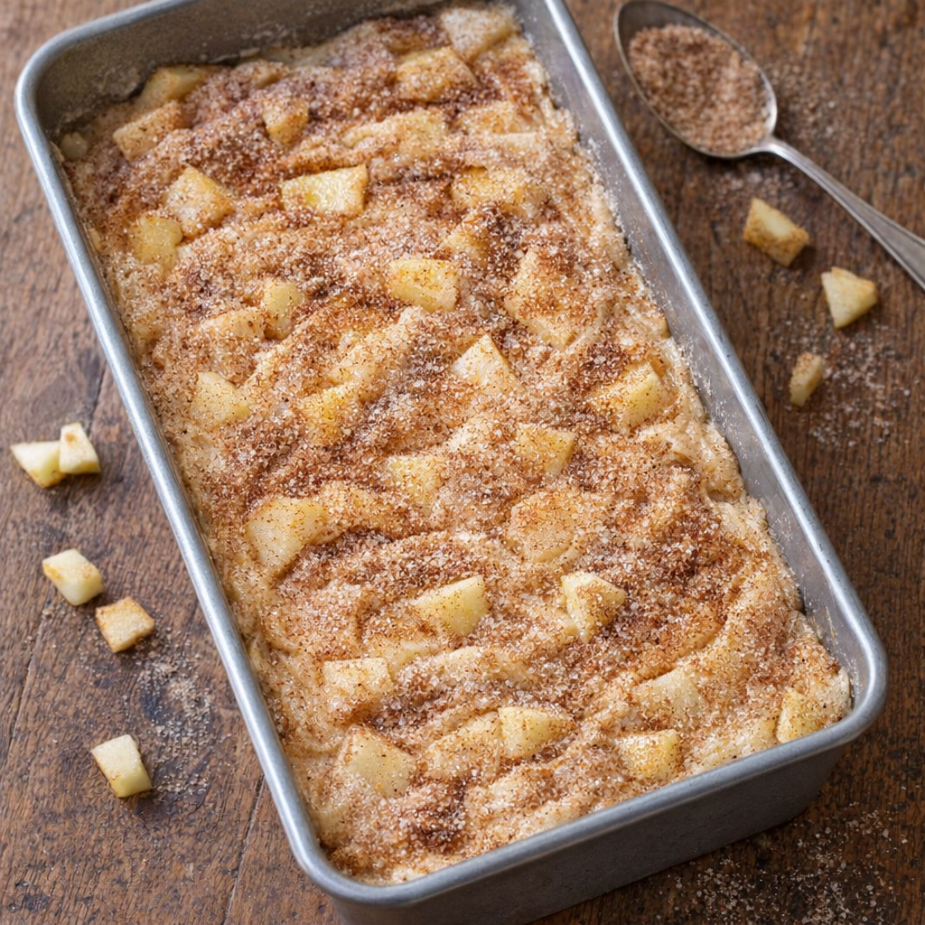 Apple fritter bread batter layered in loaf pan before baking