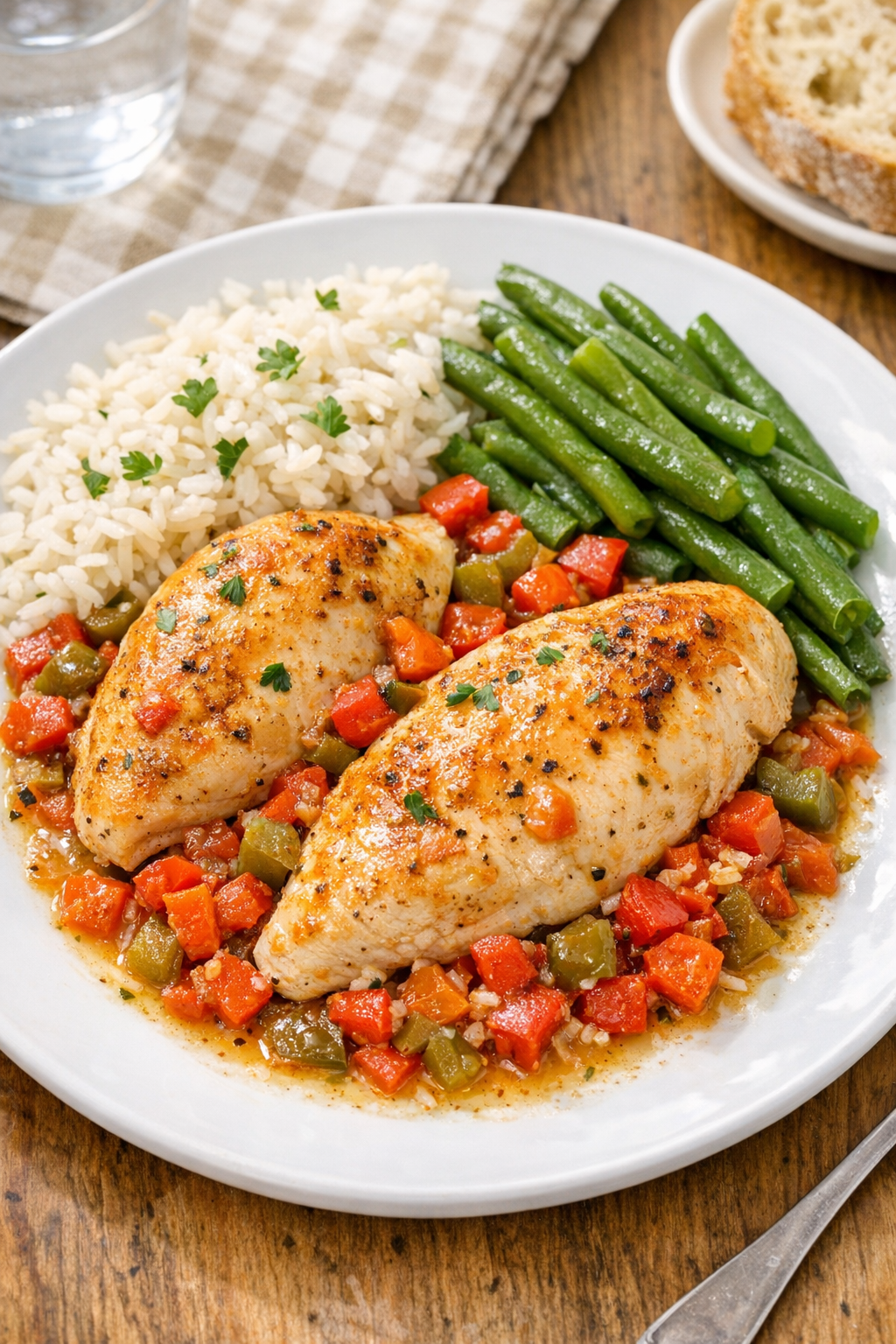 Finished baked chicken plated with pan juices