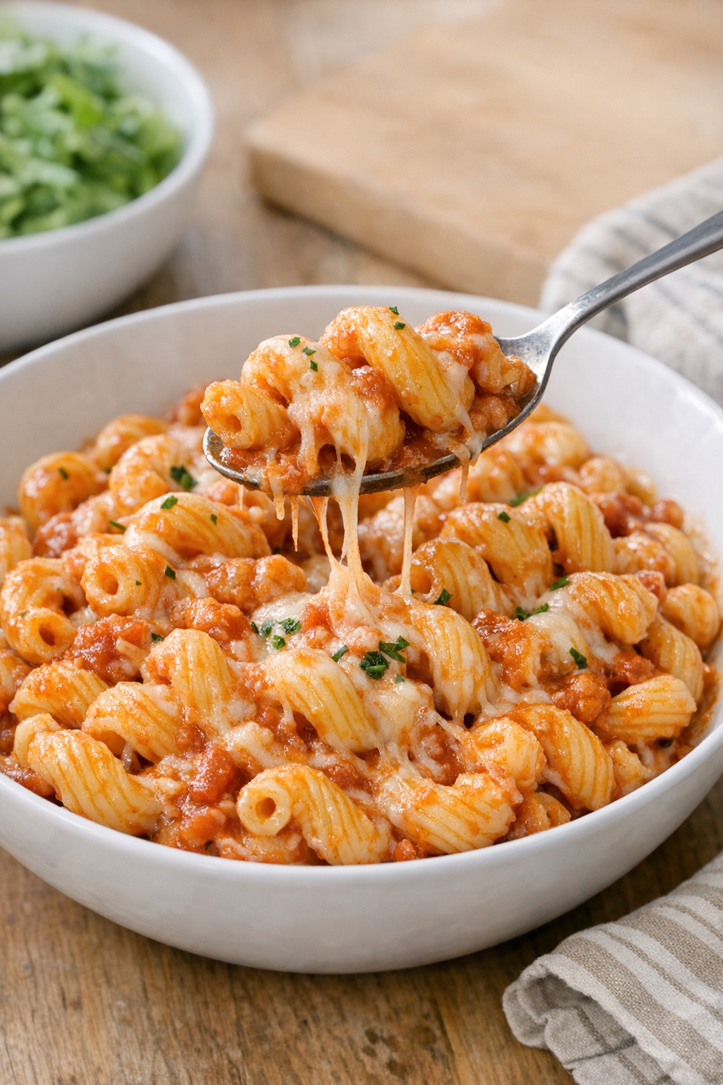 Finished slow cooker cavatappi pasta in a bowl