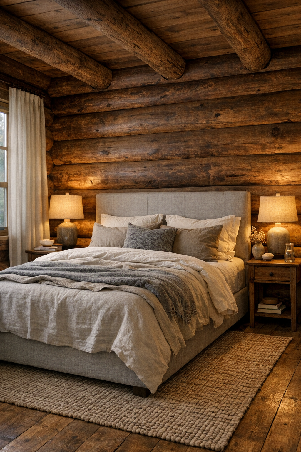 Calm log home bedroom with upholstered bed and soft layered textiles