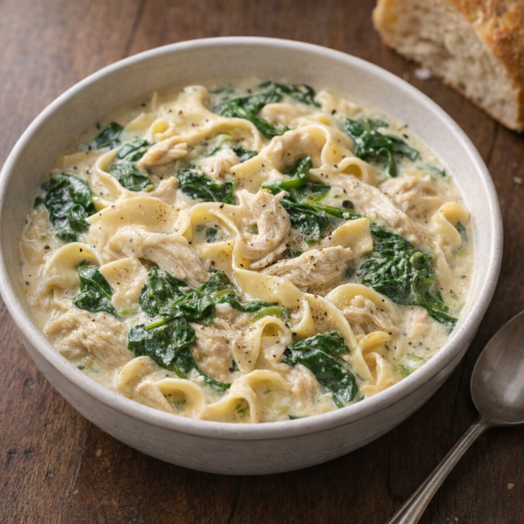 Bowl of creamy spinach chicken noodles on a dinner table