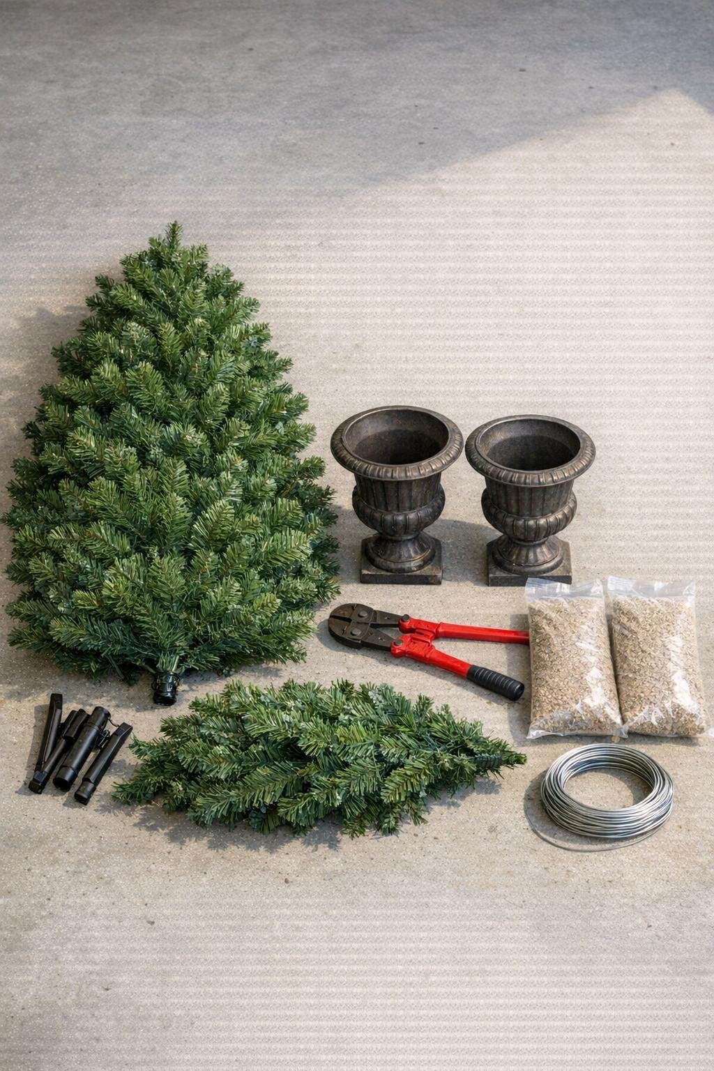 Materials laid out for making porch urn toppers from an old fake Christmas tree