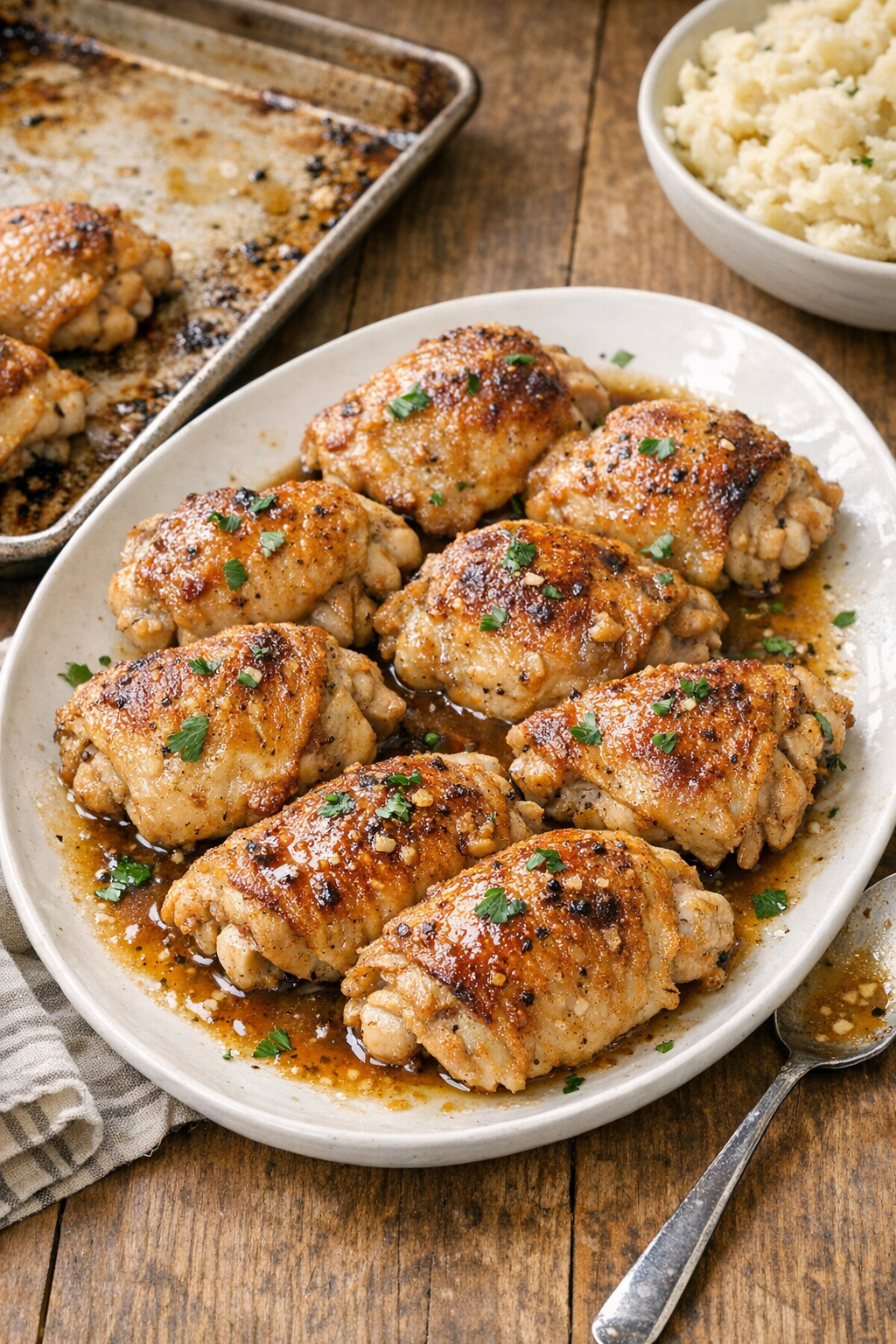 Finished baked chicken thighs on a platter