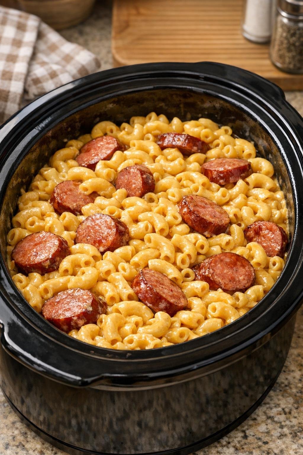 Finished kielbasa mac and cheese in a slow cooker