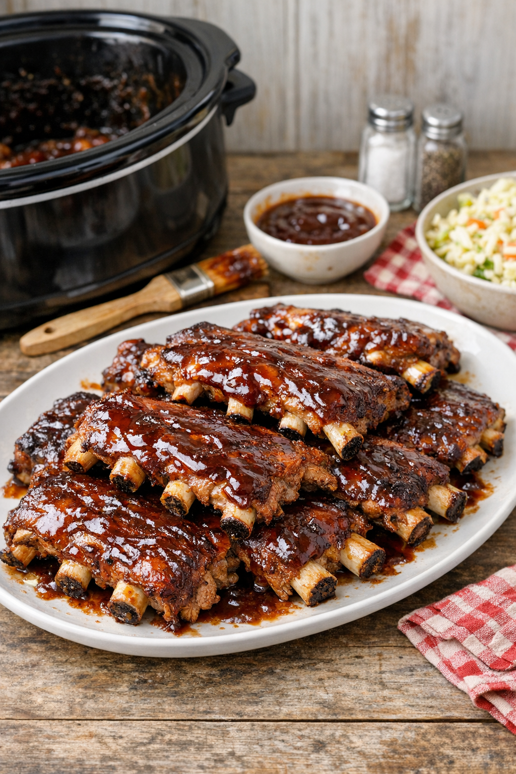 Finished slow cooker baby back ribs plated with sauce