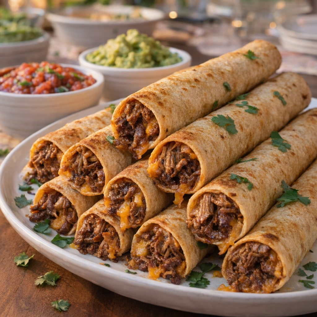 Platter of beef taquitos served with dips