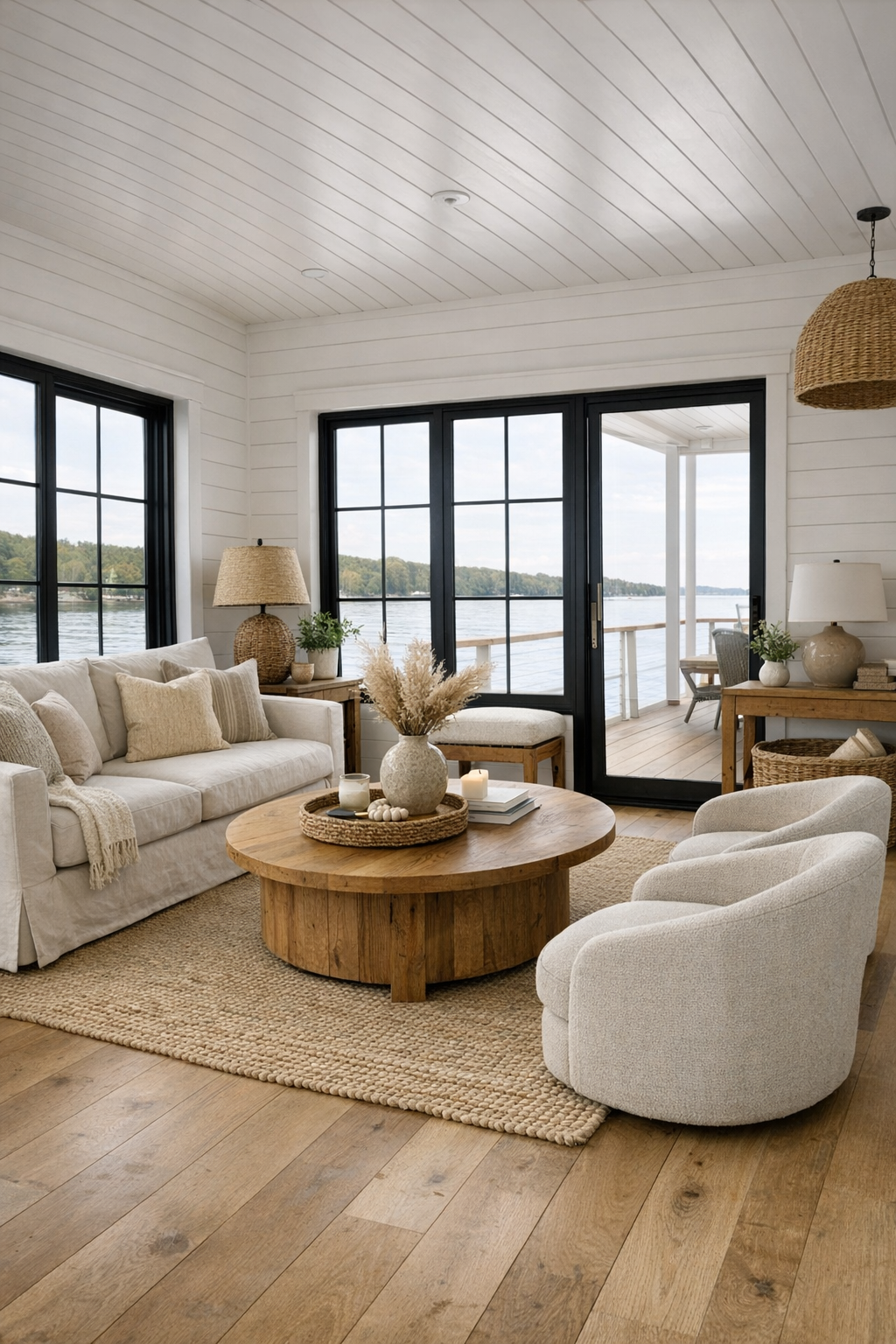 Bright farmhouse-style living room with white shiplap walls, pale oak floors, linen seating, and large black-framed windows overlooking the water