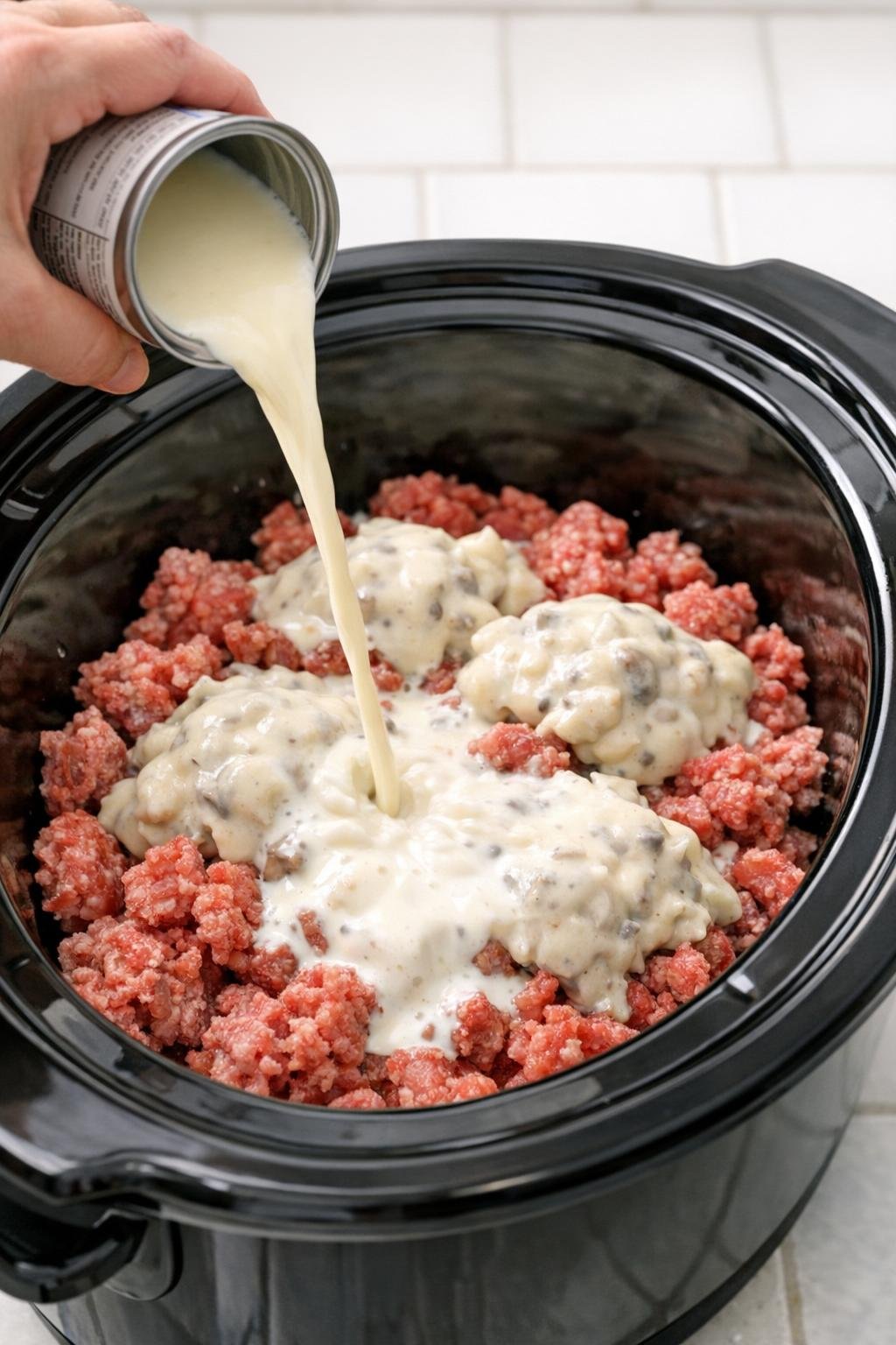 Raw ground beef with soup and milk in slow cooker