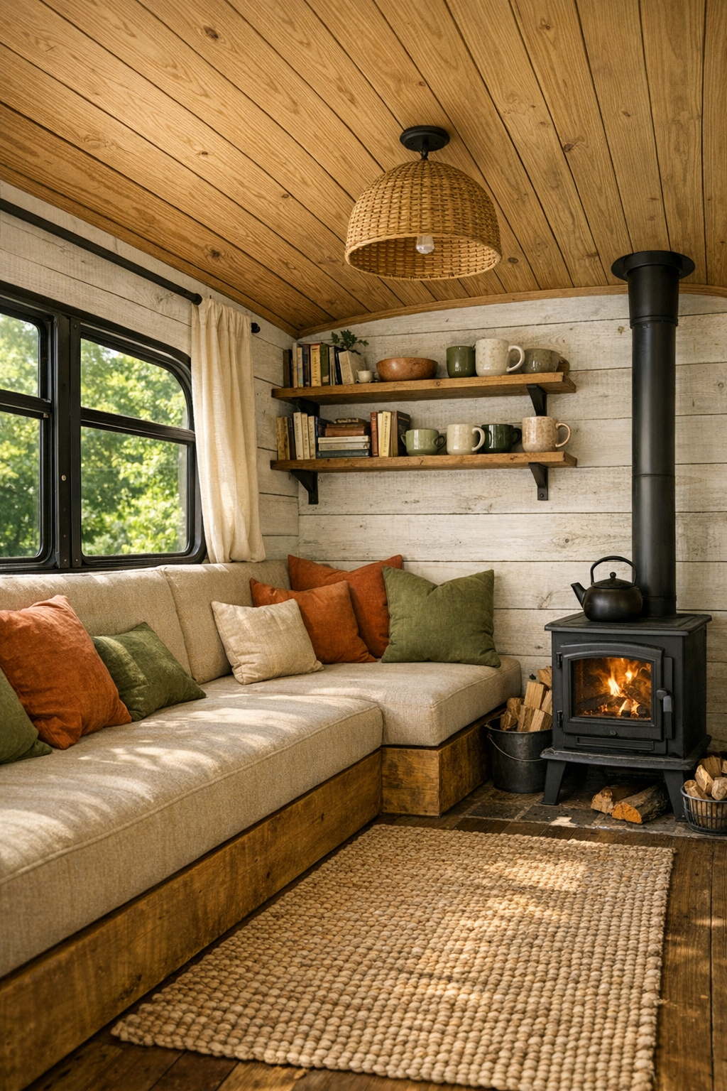 Cozy bus living room with built-in bench seating and warm wood finishes