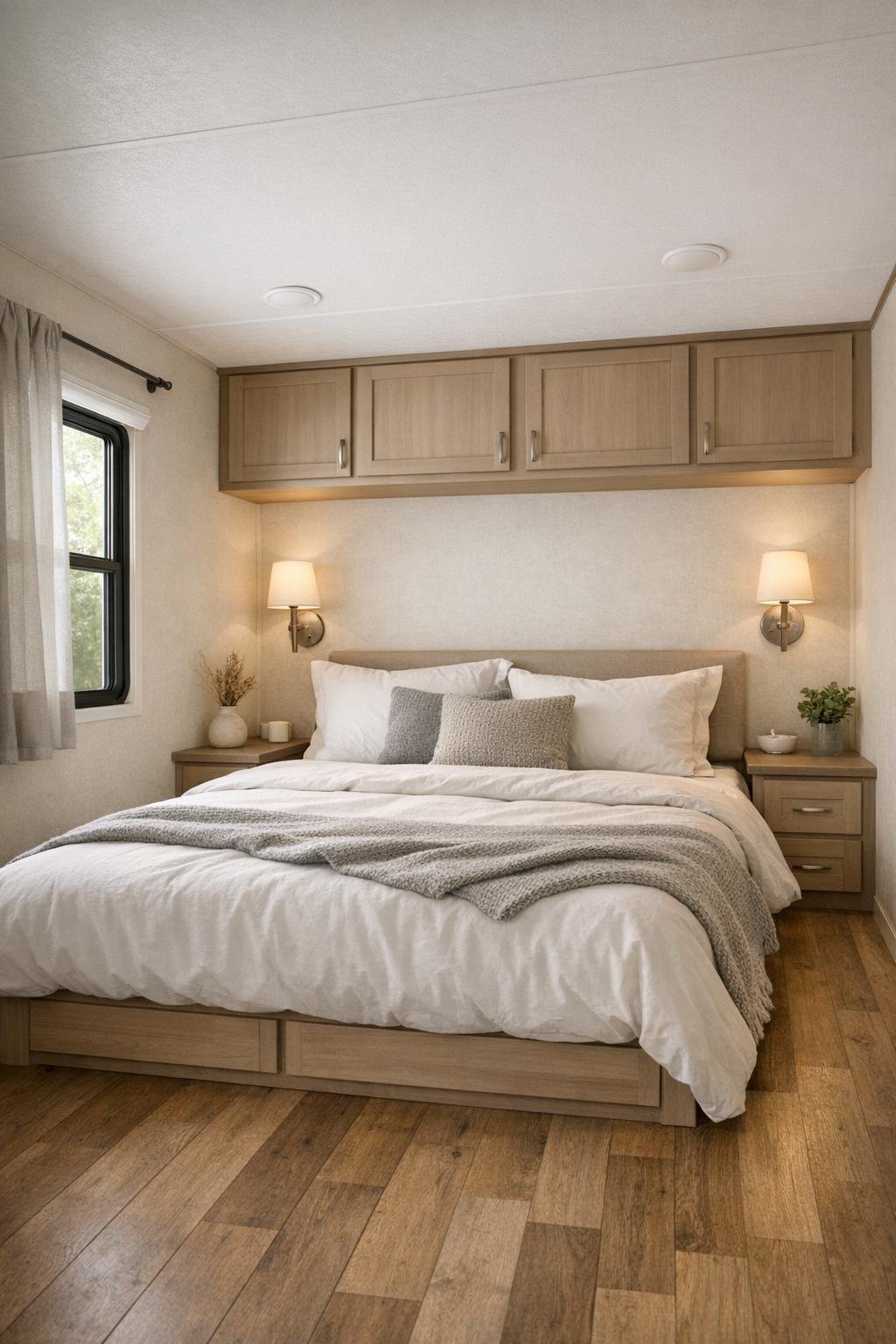 Calm compact bedroom with layered neutral bedding and built-in storage