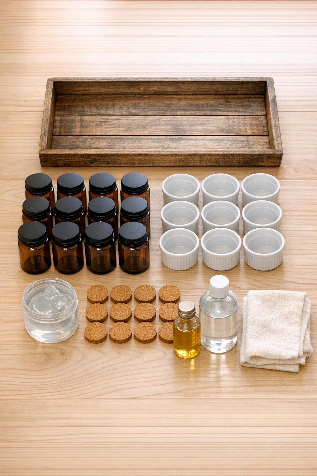 Materials for a spice jar riser laid out on a wooden tray