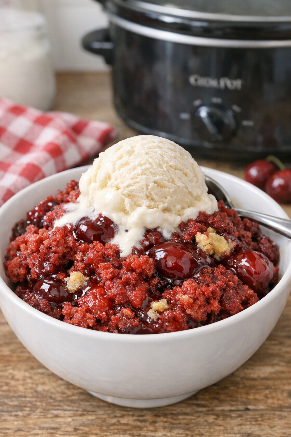 Finished red velvet slow cooker dessert in a serving dish