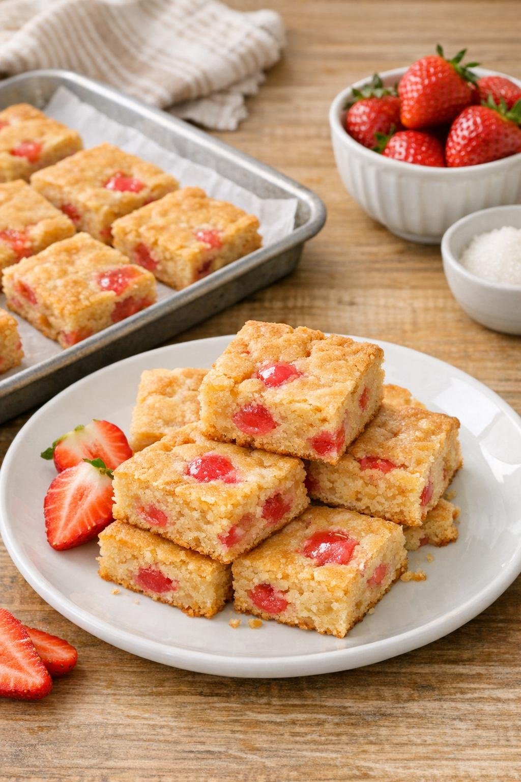 Finished strawberry cream blondie bars on a plate