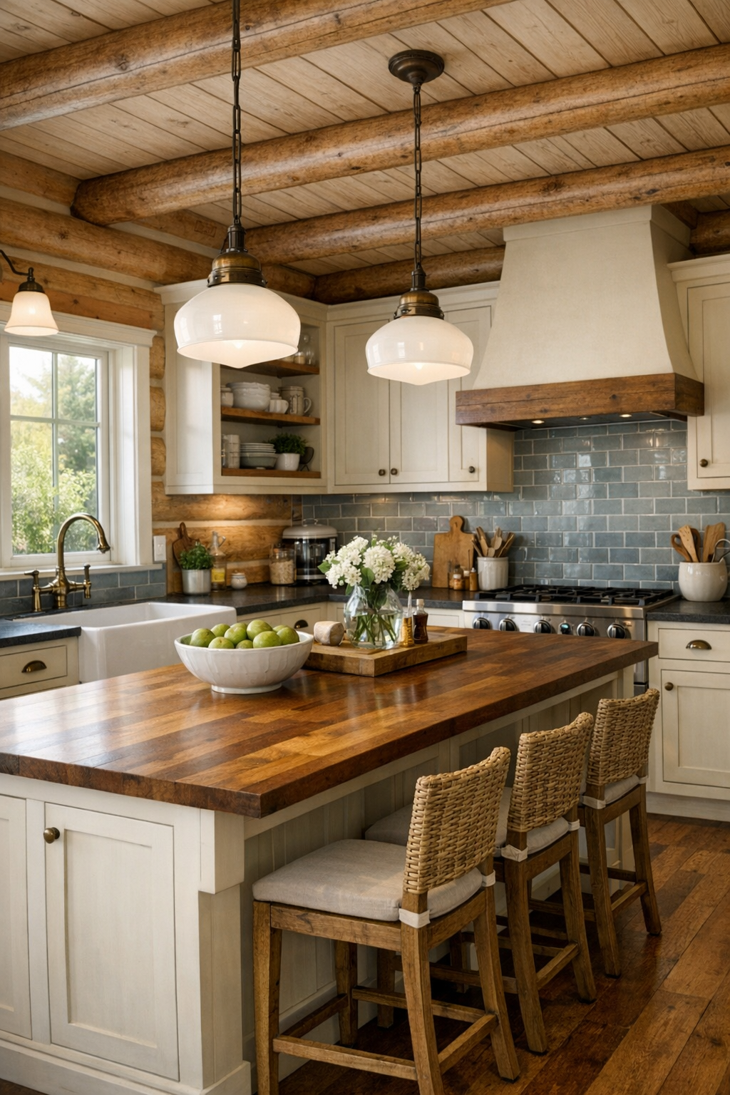 Bright family kitchen with cream cabinets and a large island in a log home