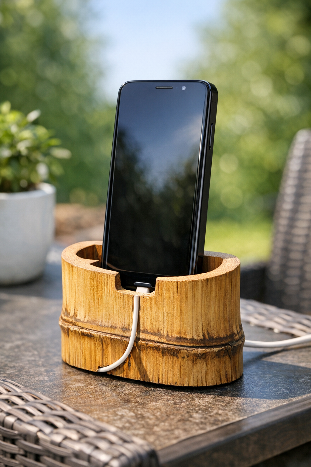 Finished bamboo outdoor charging dock holding a phone on a patio table